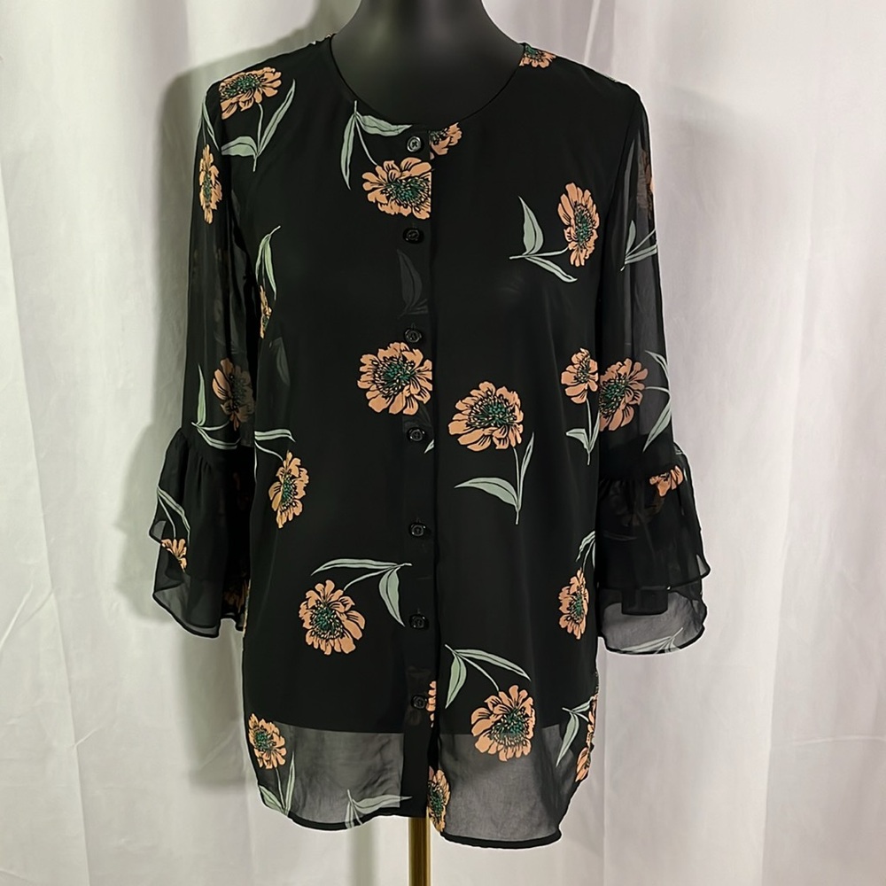 CAbi La Di Da Sheer Floral Print 3/4 Bell Sleeve Button Front Blouse